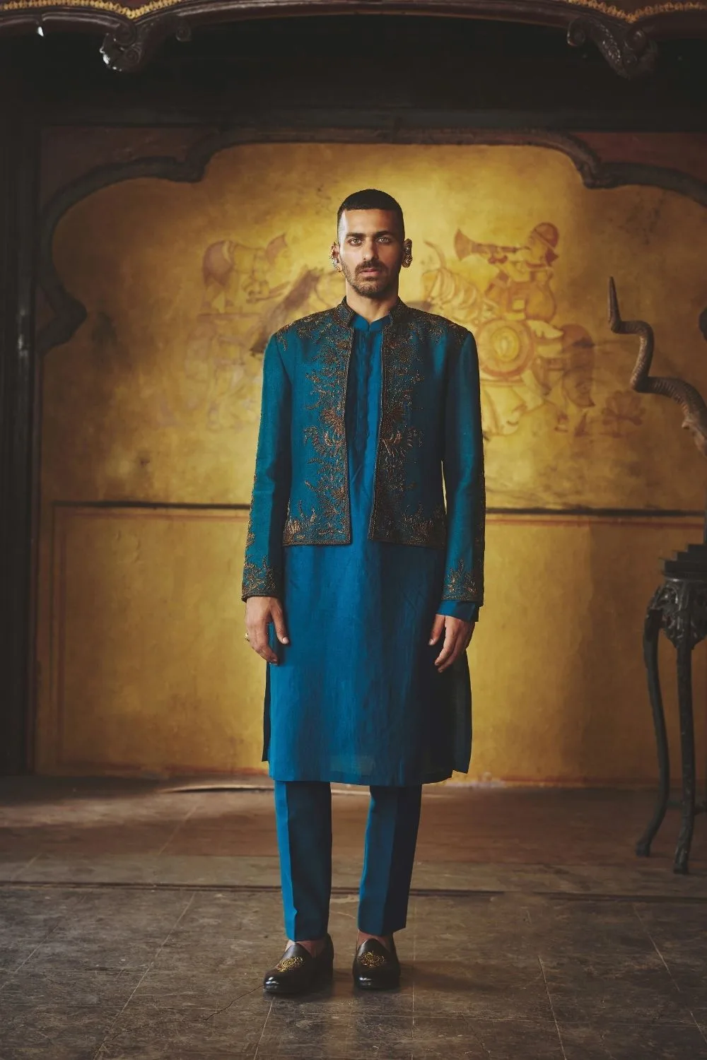 Vratesh Jacket Set by Jigar Mali in teal