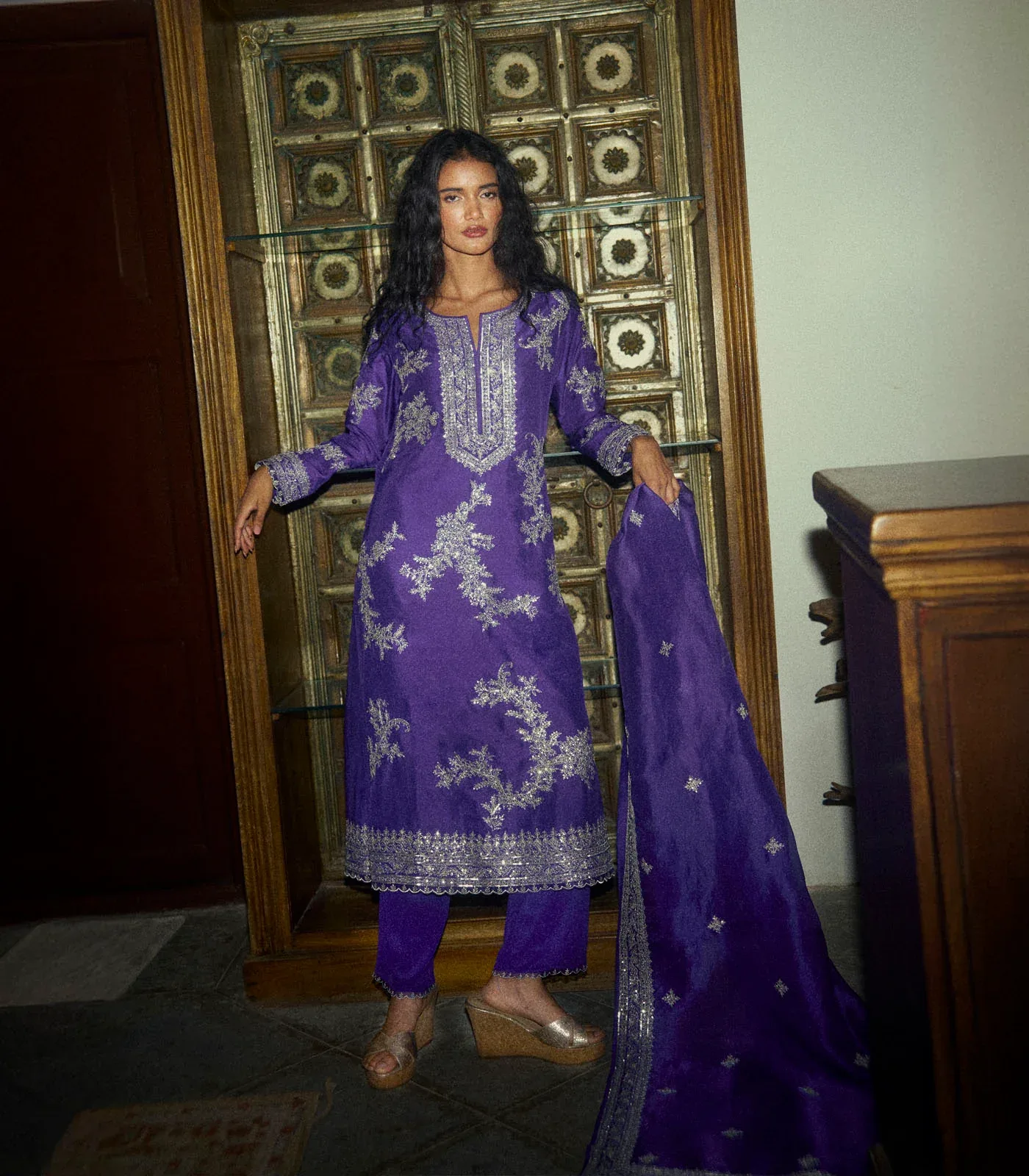 Zari Arri Work a Line Kurta Set by Anushree Reddy