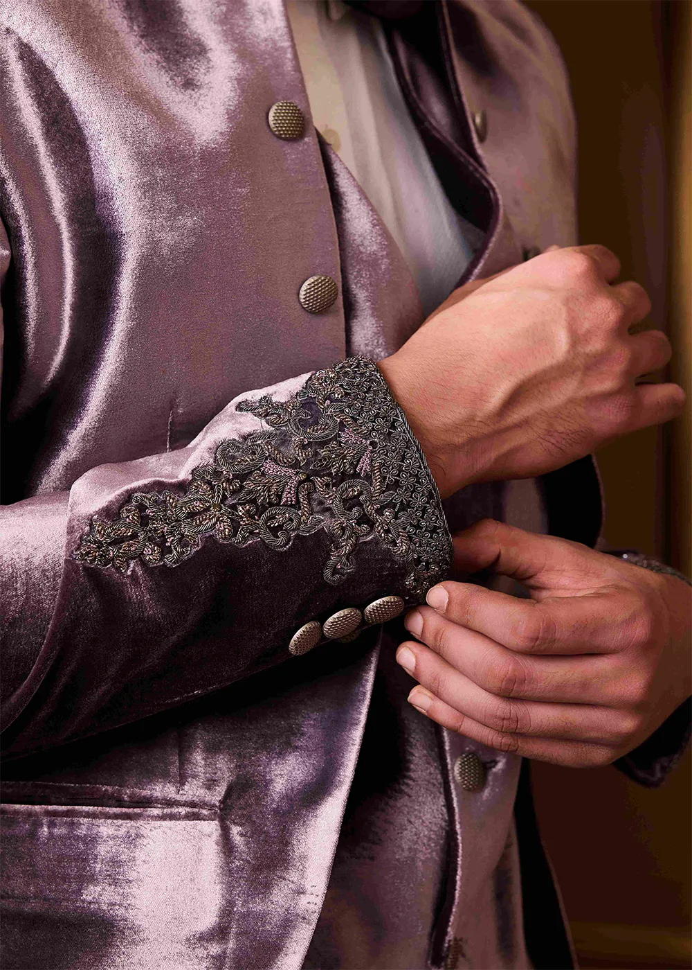 Lilac Embroidered Coat and Vest with Pant by Nitika Gujral, lilac bundi, view 4