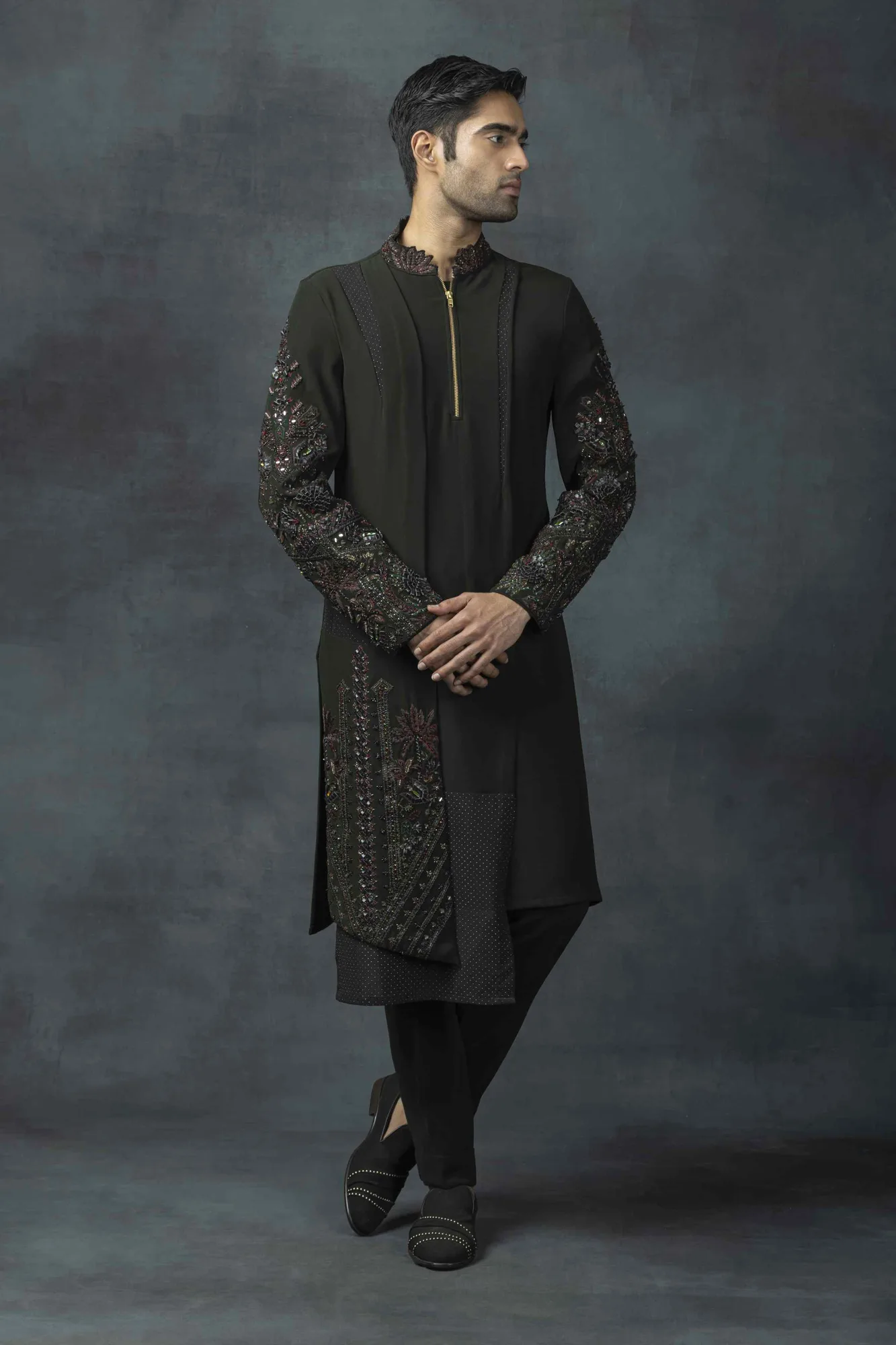 Forest Green Leather Embroidery Kurta Set by Sarab Khanijou