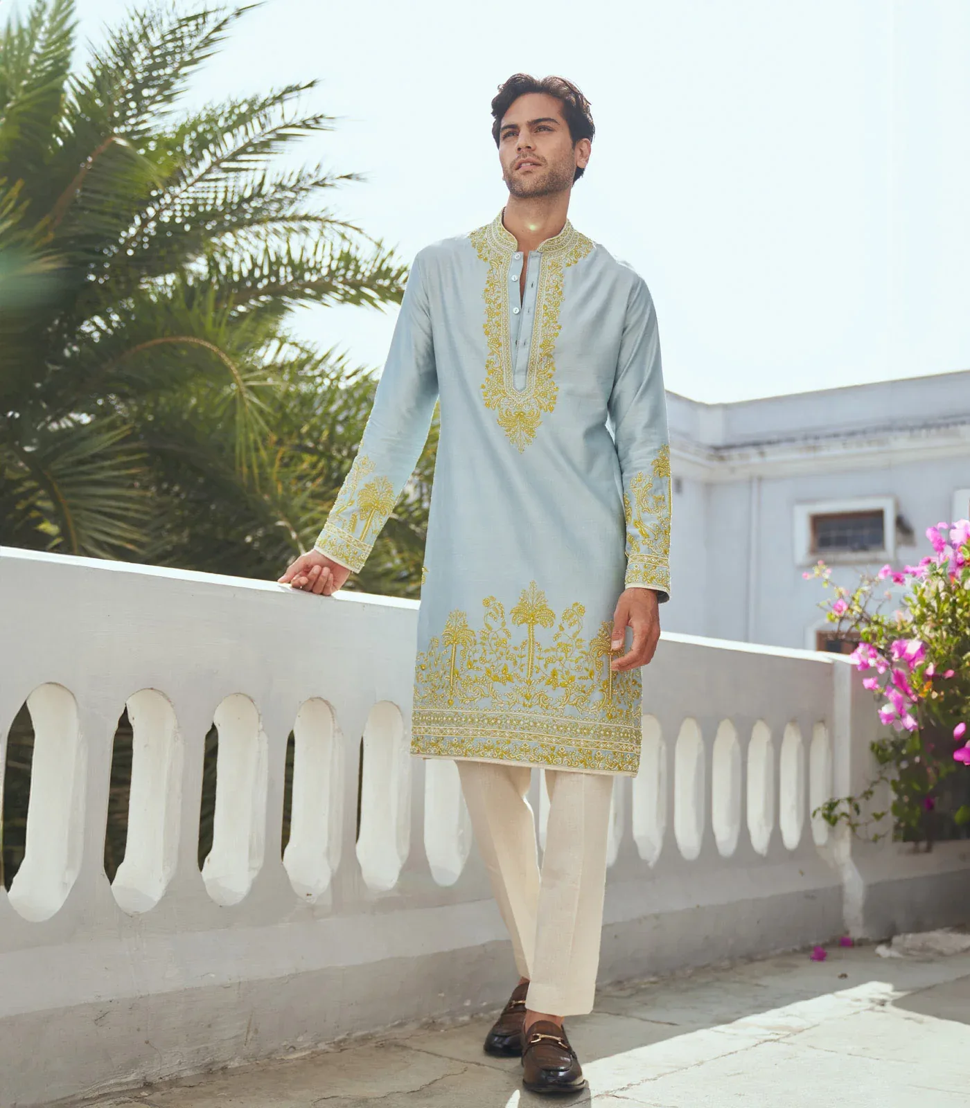 Aqua Blue Chanderi Kurta Set by Anushree Reddy