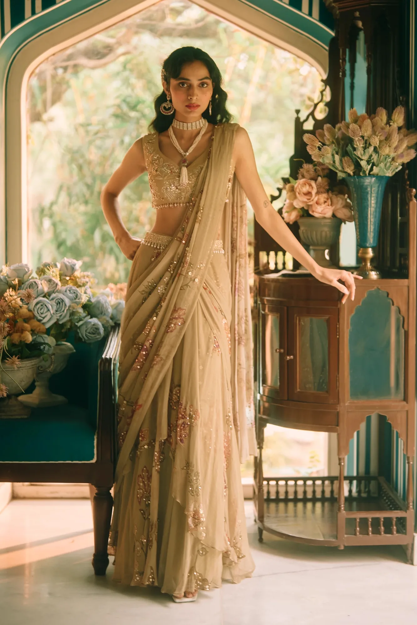 Beryl Saree Set by Paulmi And Harsh in olive