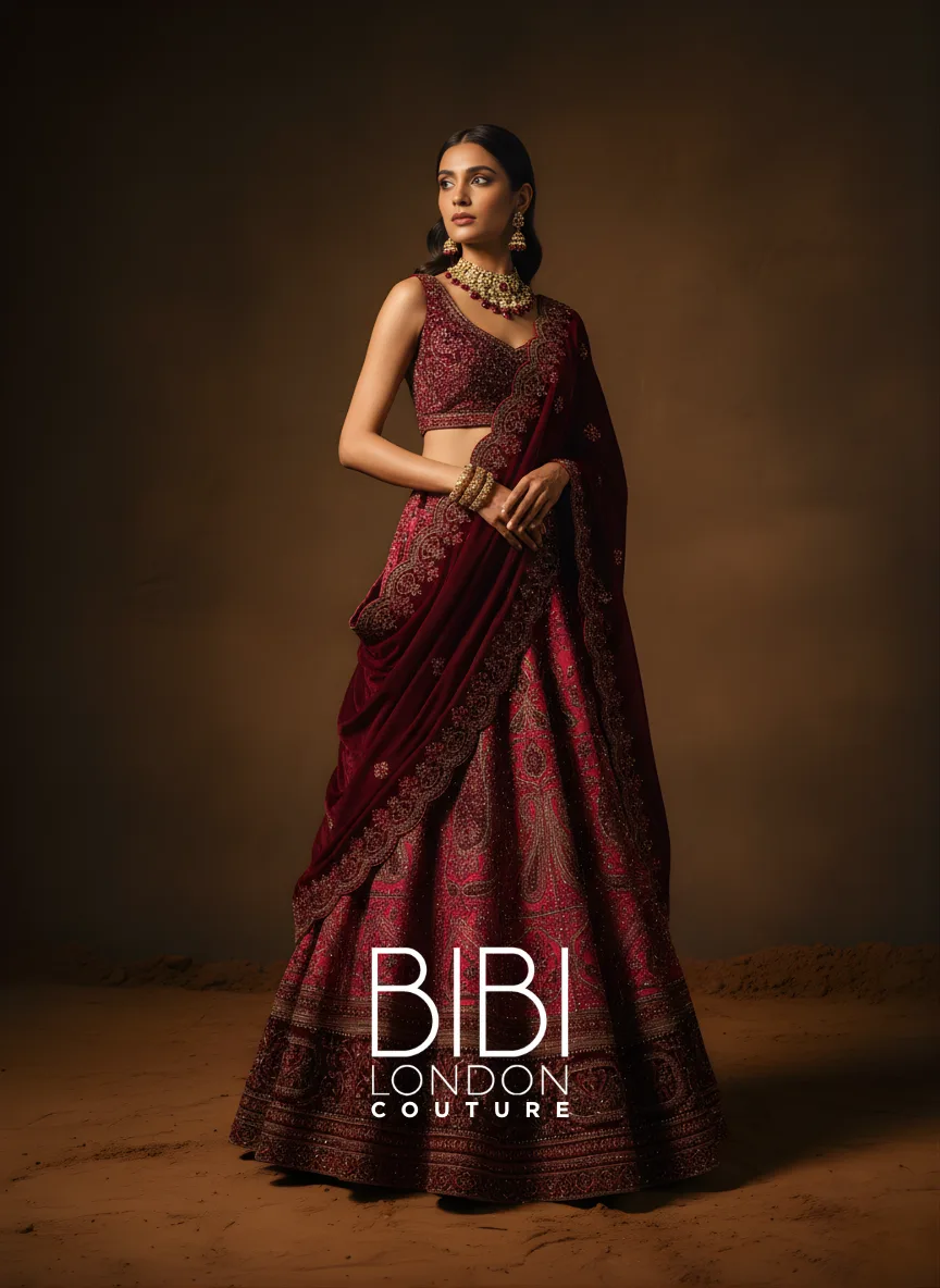 Deep Maroon Lehenga with Antique Gold Zardozi and Paisley Border Embroidery by BIBI London Couture