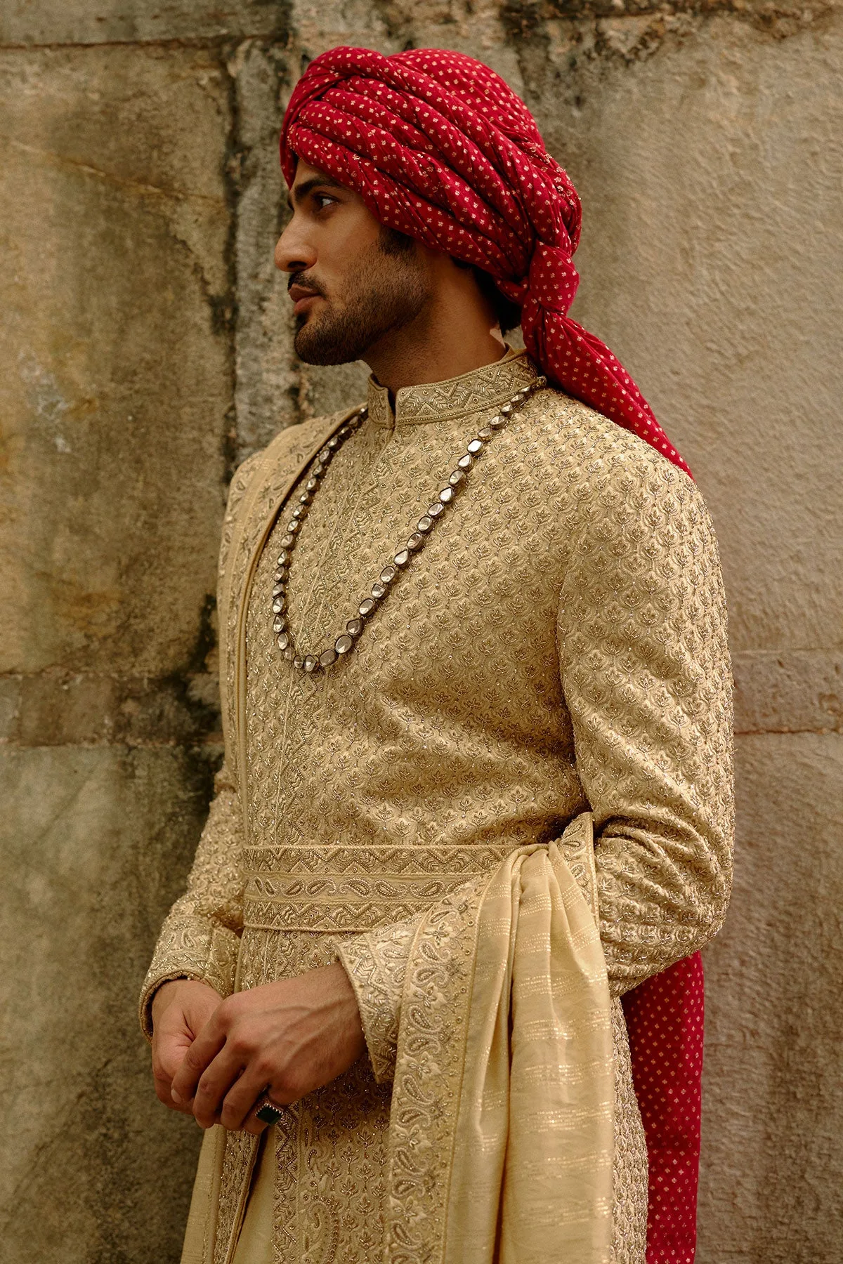 Gold Zardozi Raw Silk Sherwani Set by Nitika Gujral, view 3