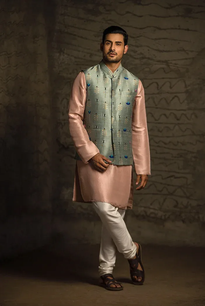 Mint Printed Dupion Silk Bandi with Rose Pink Silk Kurta and Off White Cotton Silk Churidar by Payal Singhal