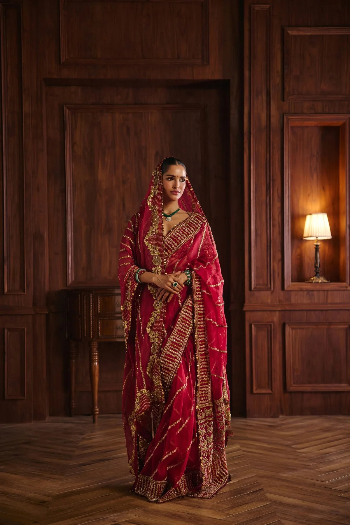 Radha by Mahima Mahajan, crimson sari, view 4