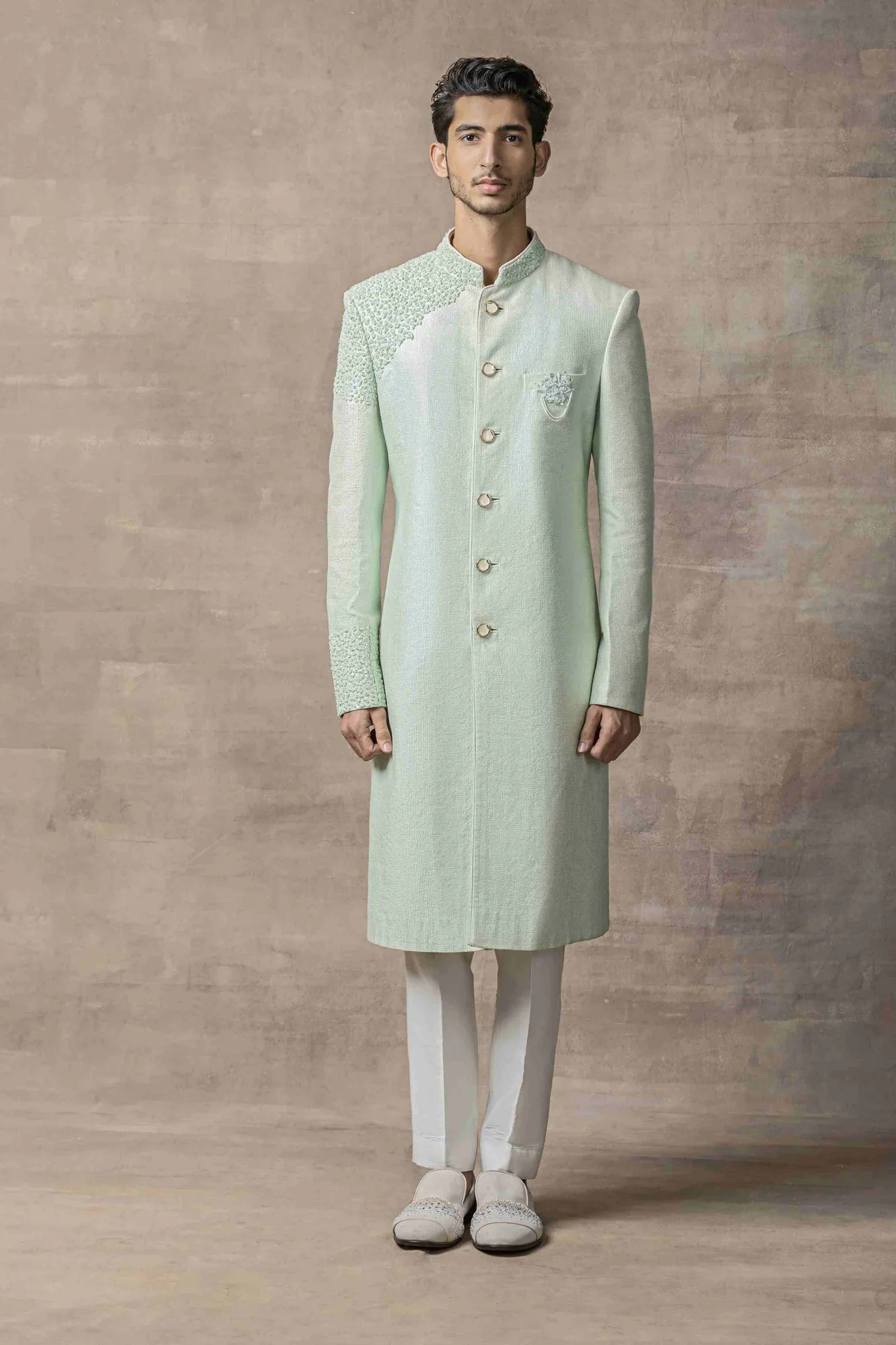 Aqua Dhagai Sherwani Highlighted With 3D Thread Work And Pearl by Sarab Khanijou