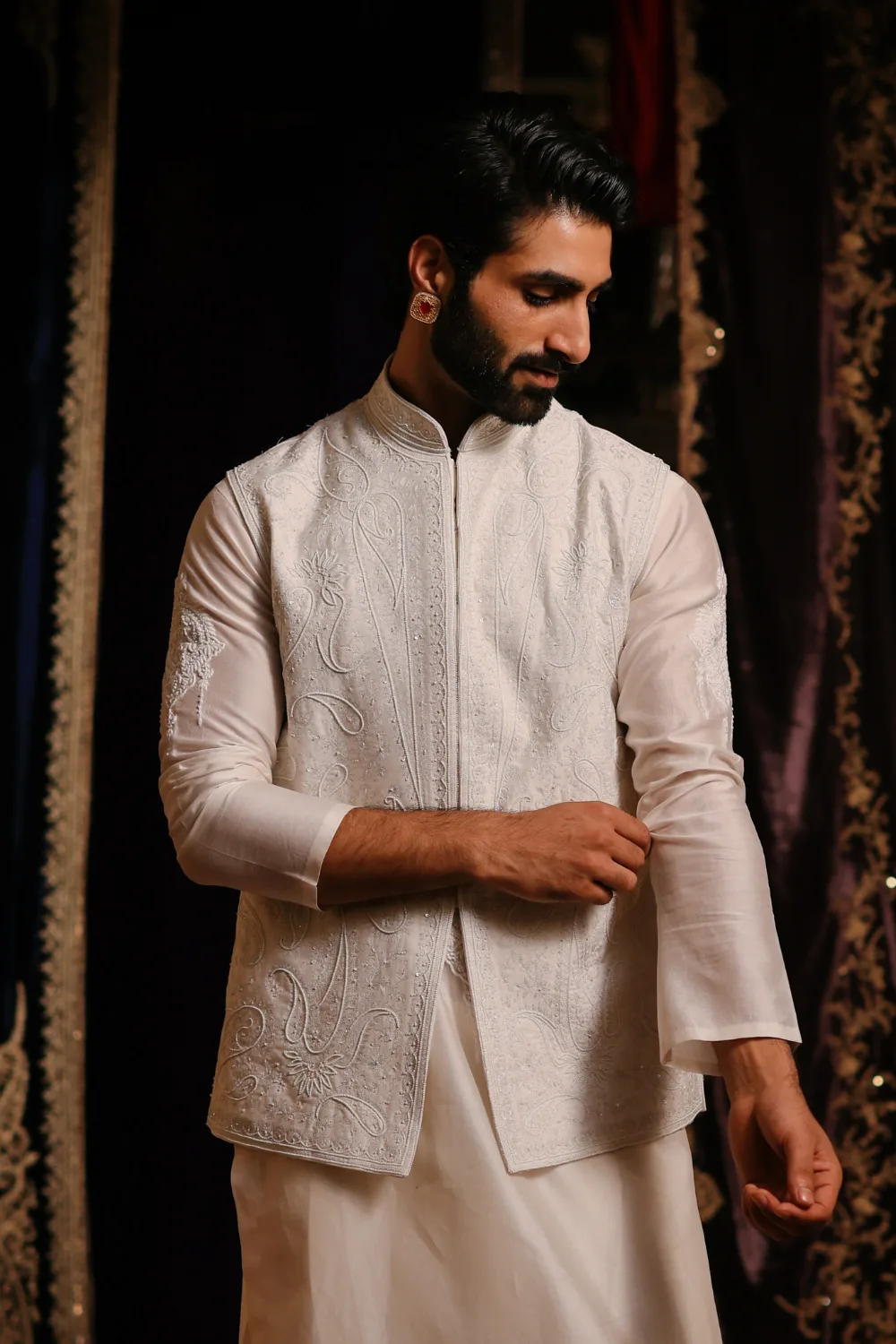 Arsal Jacket Set by Jigar Mali in off white, view 2