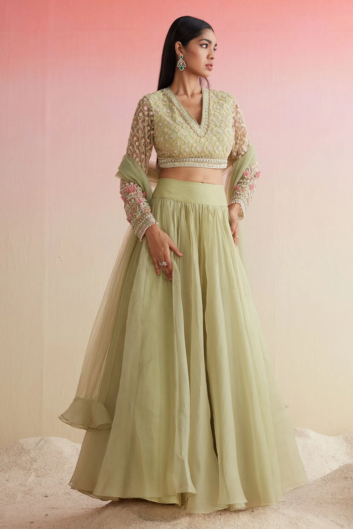 Aroos by Ridhi Mehra, mint green skirt set