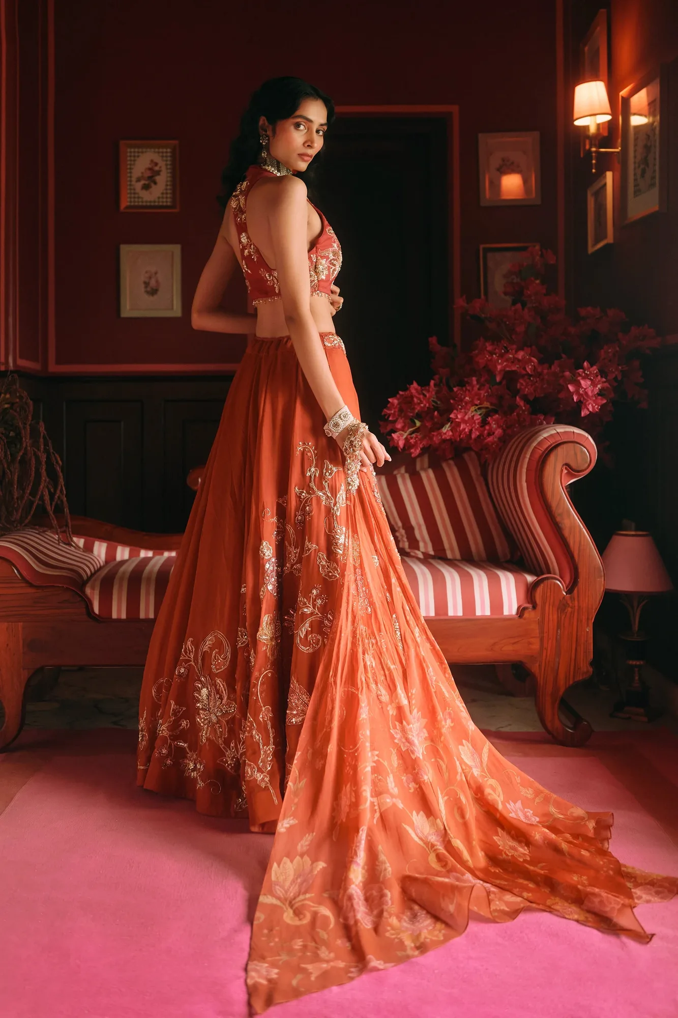 Dreamlet Lehenga Set by Paulmi And Harsh in rust, view 2