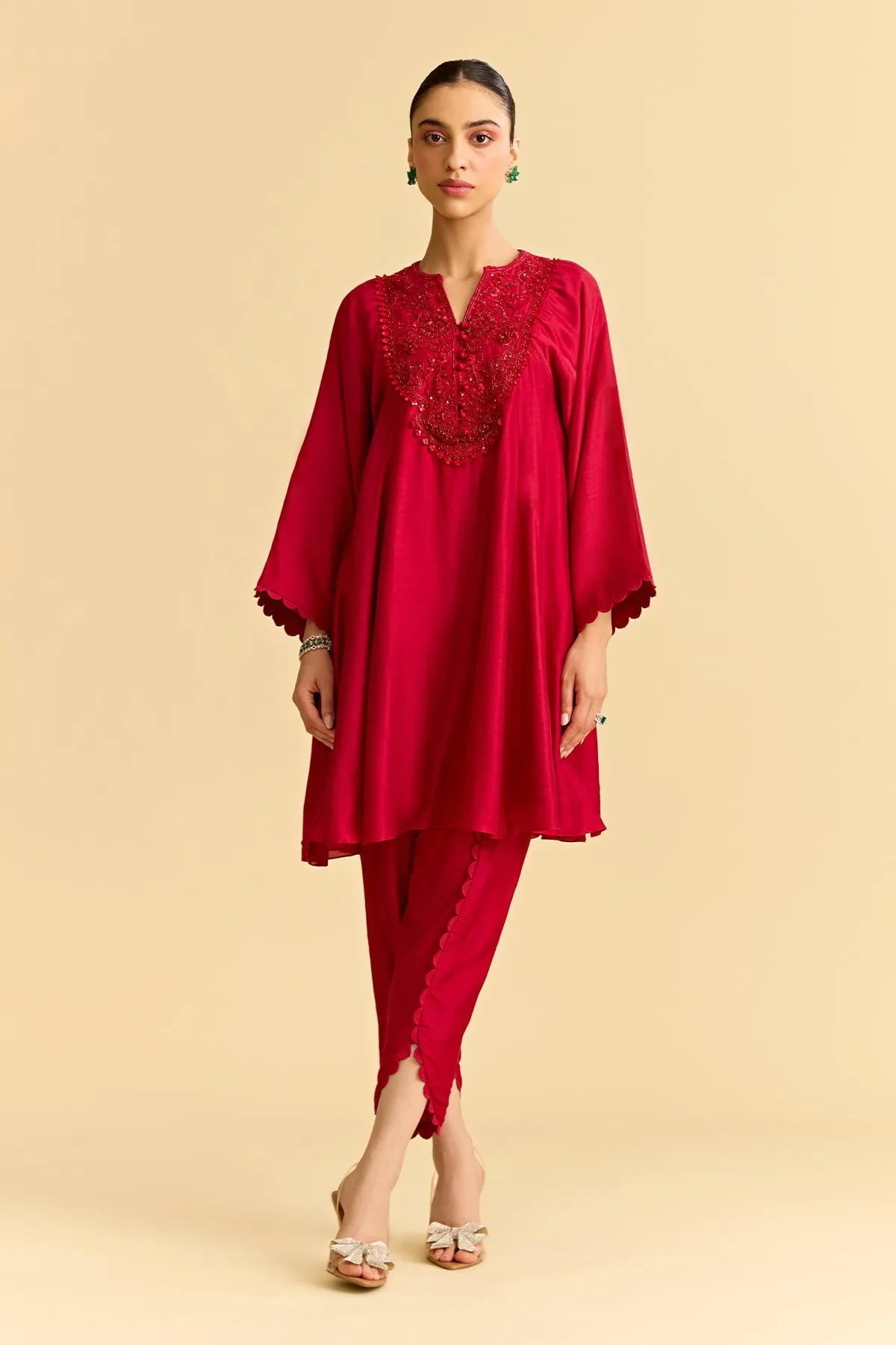 Red Silk Short Kurta With Tulip Pants by Ridhi Mehra