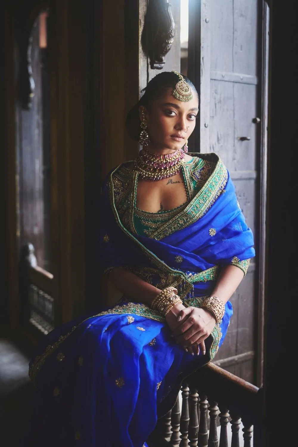 Saumya Silk Saree by Jigar Mali in peacock blue, view 3