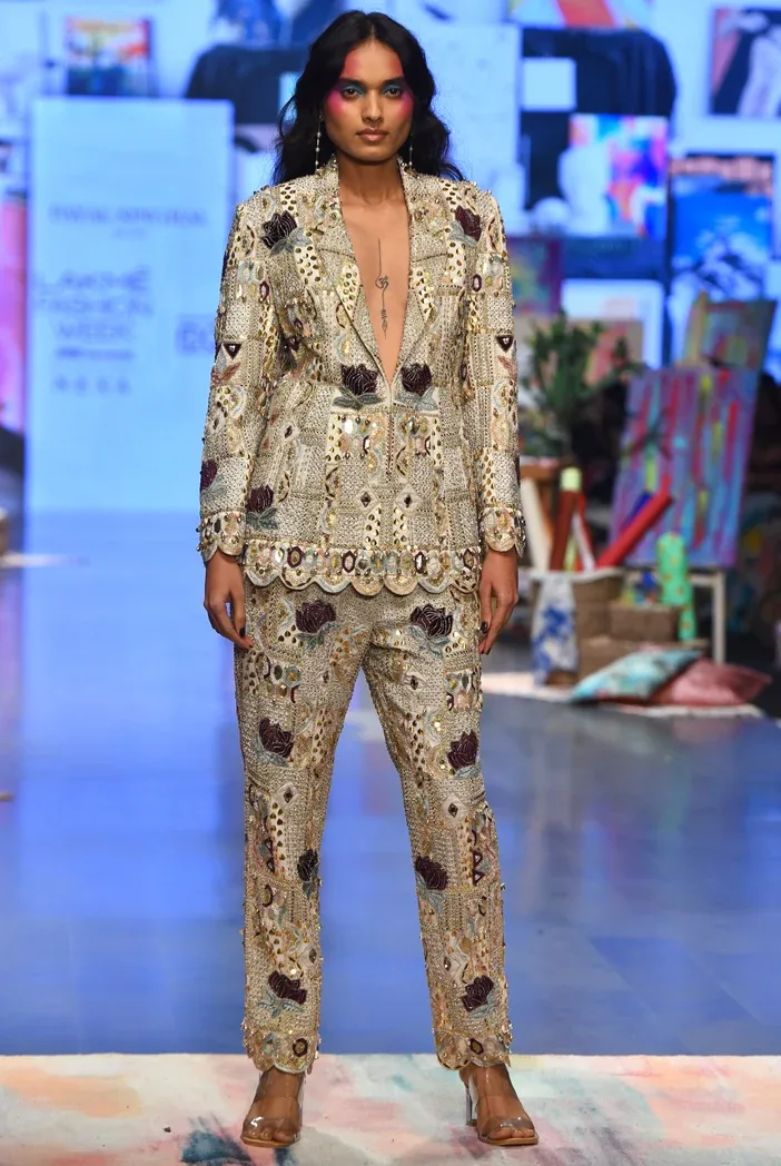 Anaka Off White Georgette Embroidered Blazer and Pant by Payal Singhal