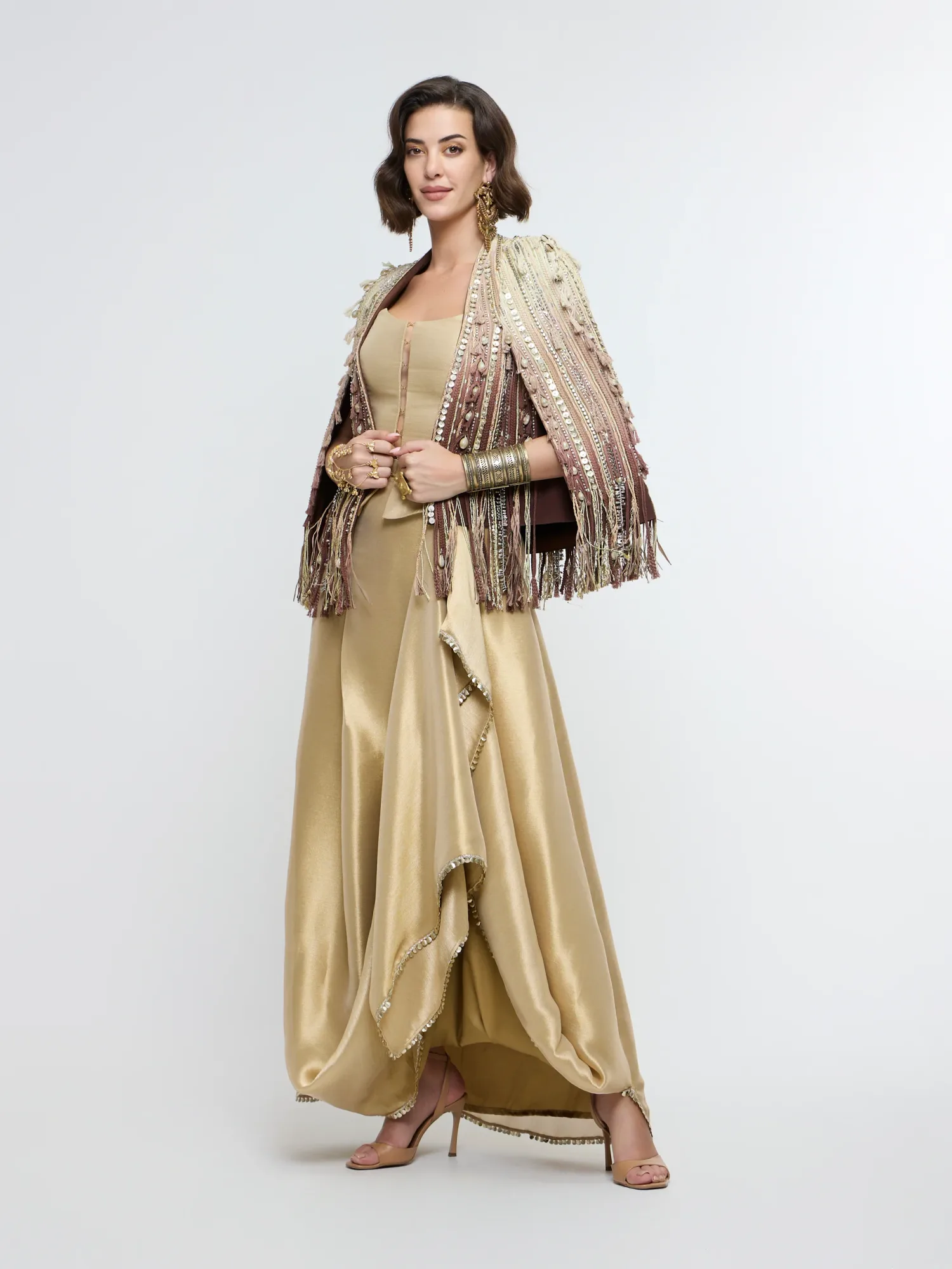 Zeenat Fringe Jacket Paired with Corset & Drape Skirt by SVA