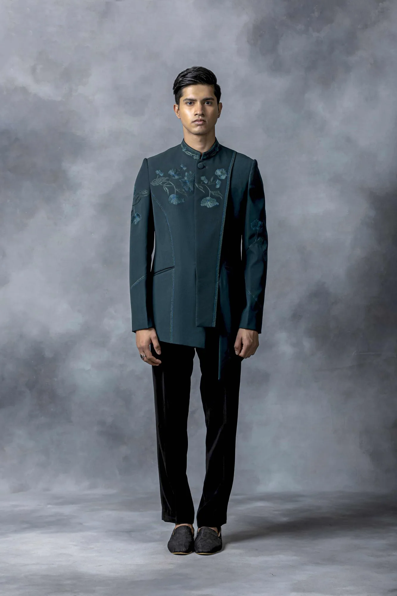 Green Thread Work Panel Bandhgala Set by Sarab Khanijou