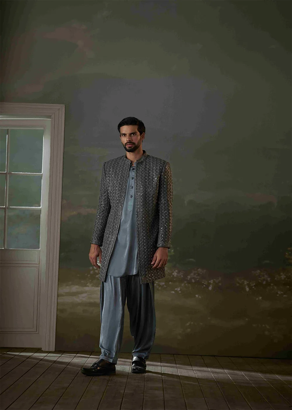 Grey Open Jacket with Kurta and Salwar by Nitika Gujral