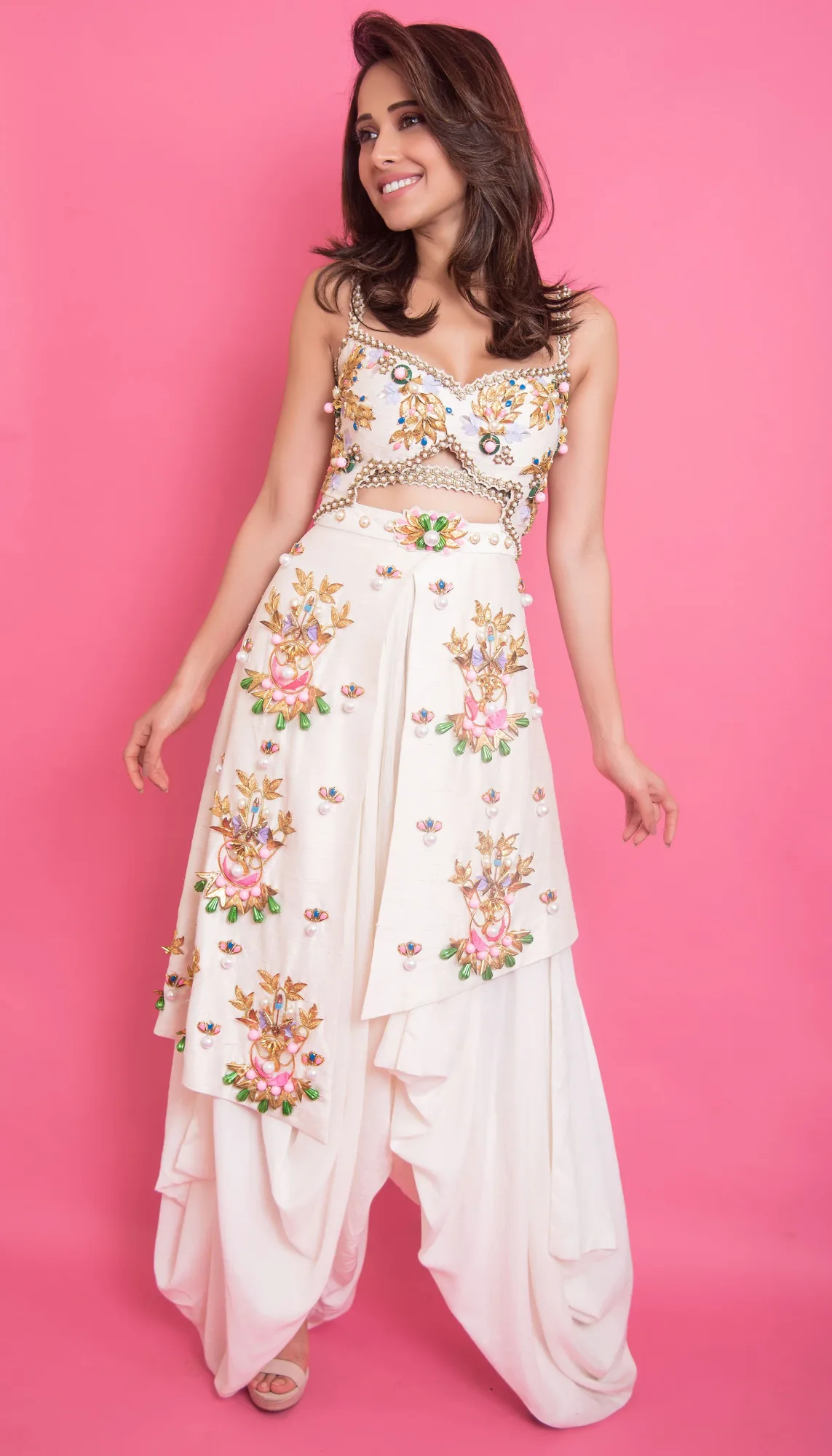 Nushrat Bharucha - White Embellished Dhoti Jumpsuit by Papa Don't Preach
