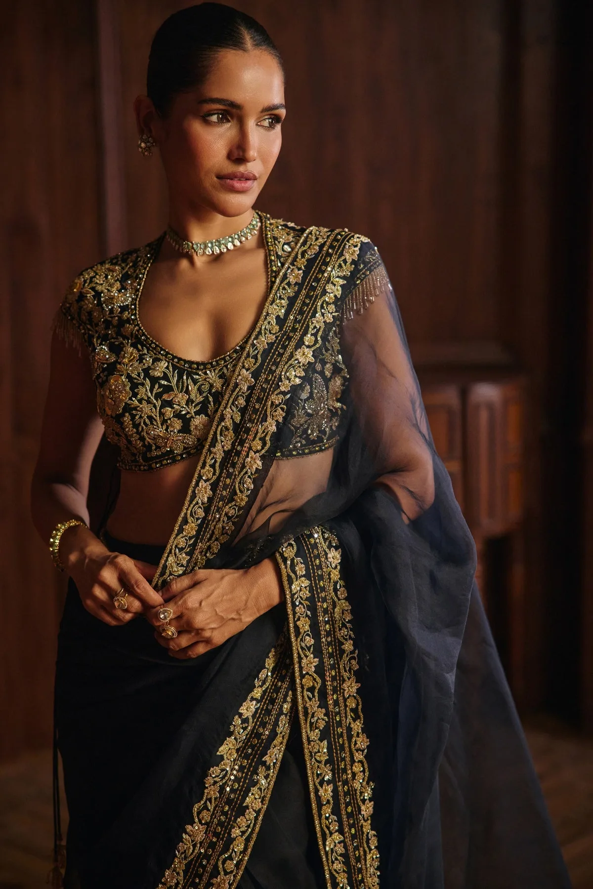 Khwab by Mahima Mahajan, black sari, view 3