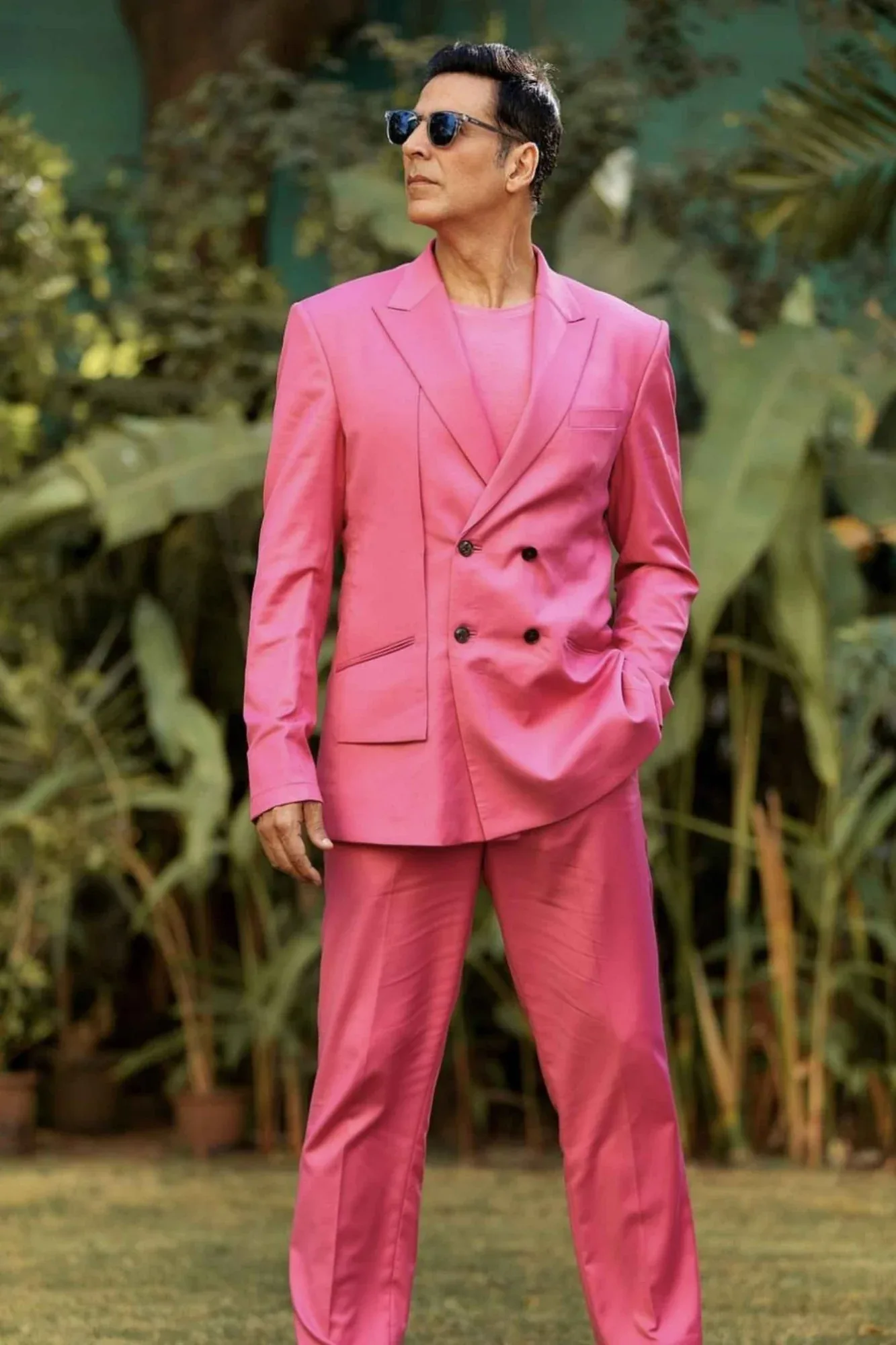 Akshay Kumar in Pink Double Breasted Blazer Set by Sarab Khanijou