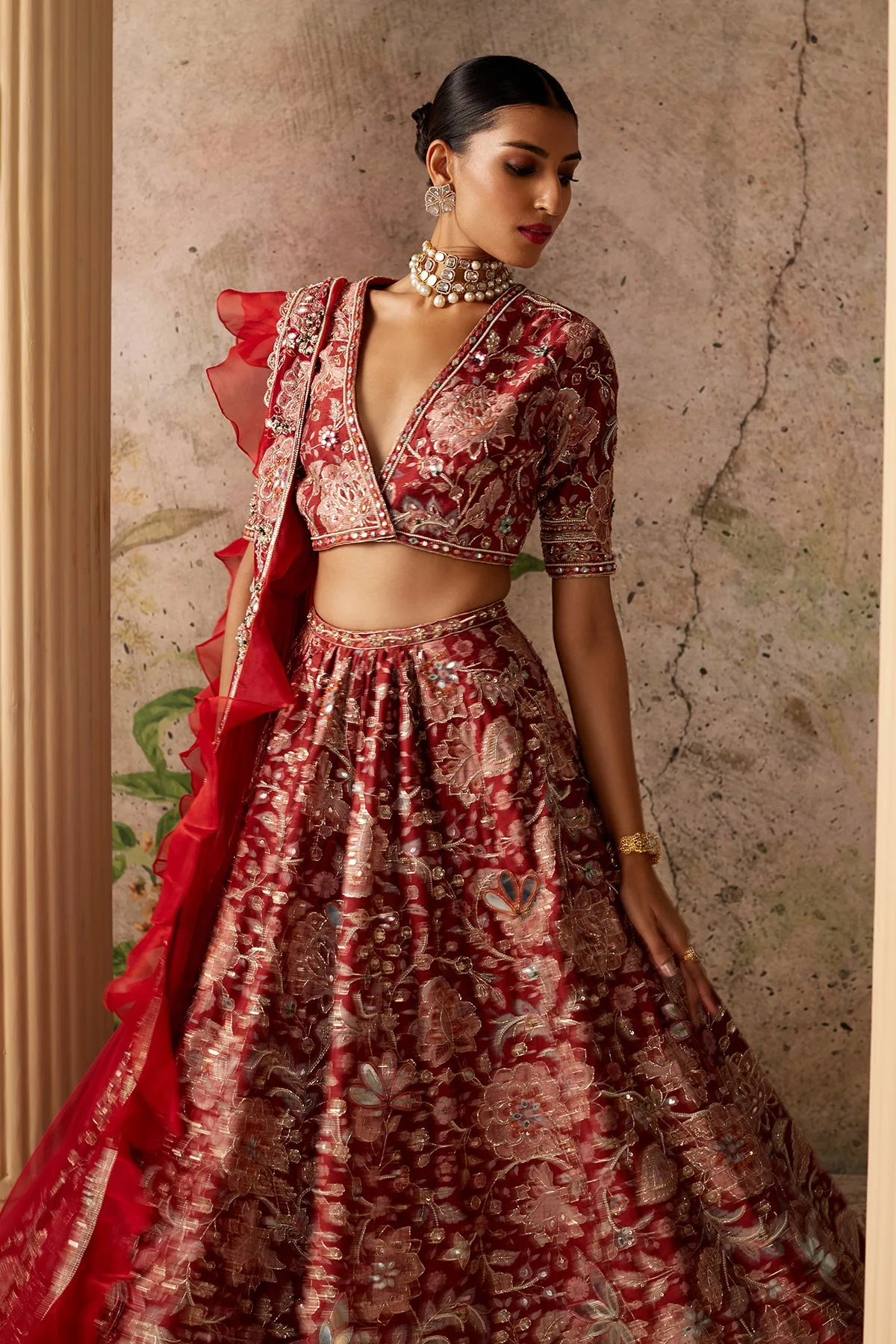 Ace Lehenga Set by Ridhi Mehra in red, view 4