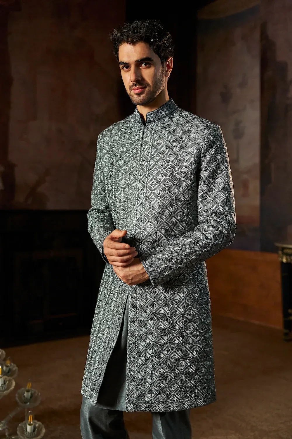 Charcoal Metallic Sherwani Set by Seema Gujral