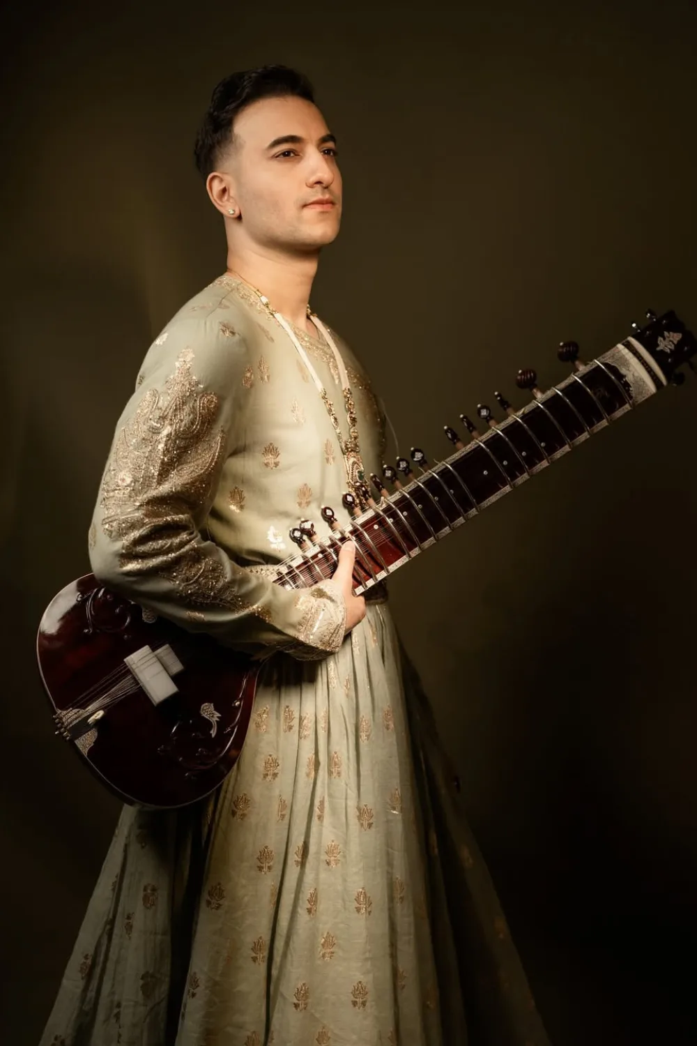 Rishabh Sharma in Sage Green Angrakha by Jigar Mali, sage green sherwani, view 2
