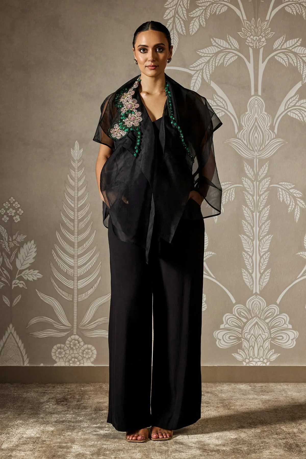 Aura Cape Pants Set by Ridhi Mehra, black cape set