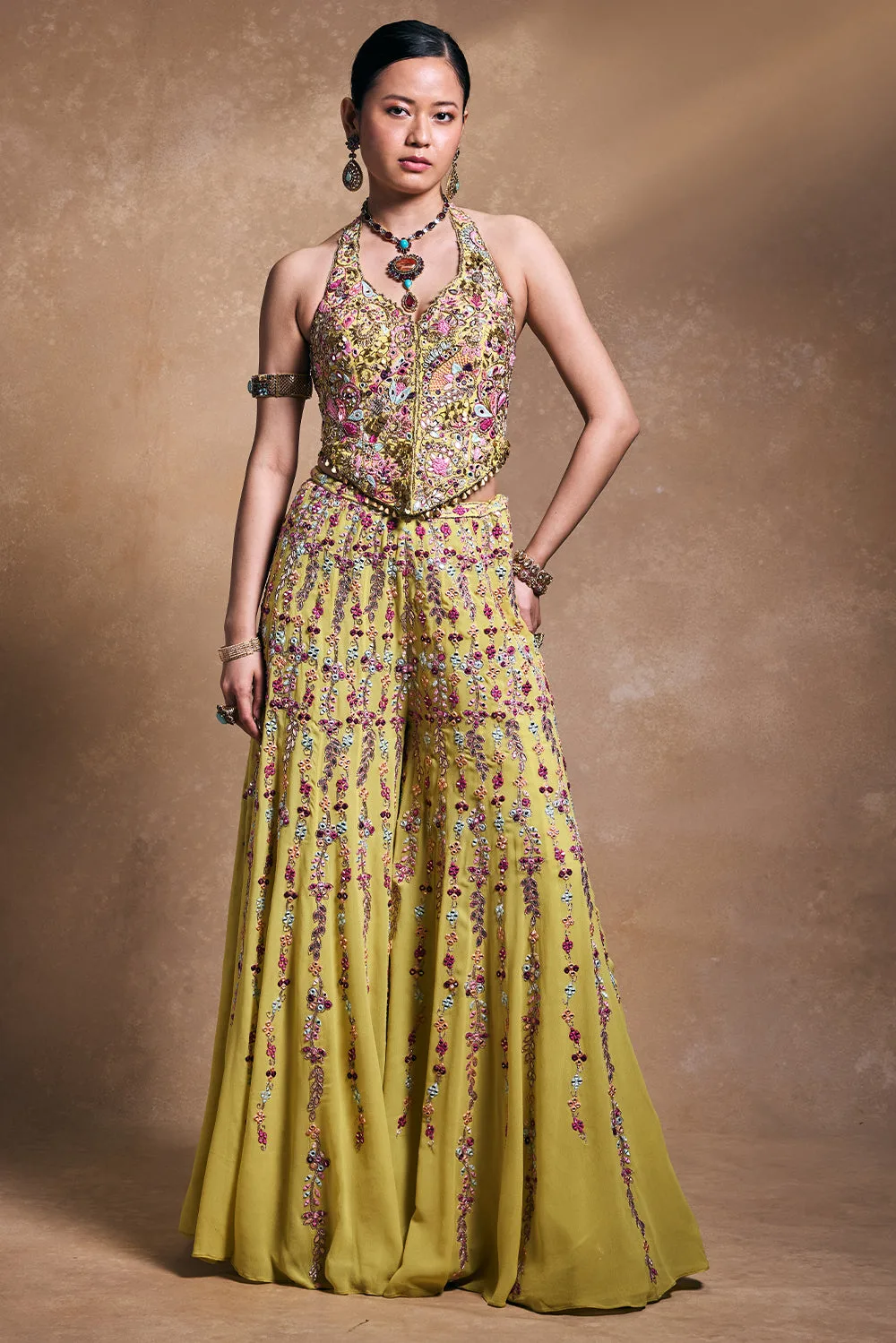 Yellow Georgette High Waist Sharara with Corset by Tamanna Punjabi Kapoor, view 3