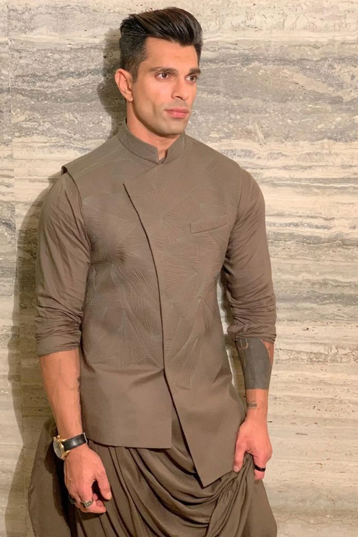 Karan Singh Grover In Olive Quilted Nehru Jacket Set by Qbik