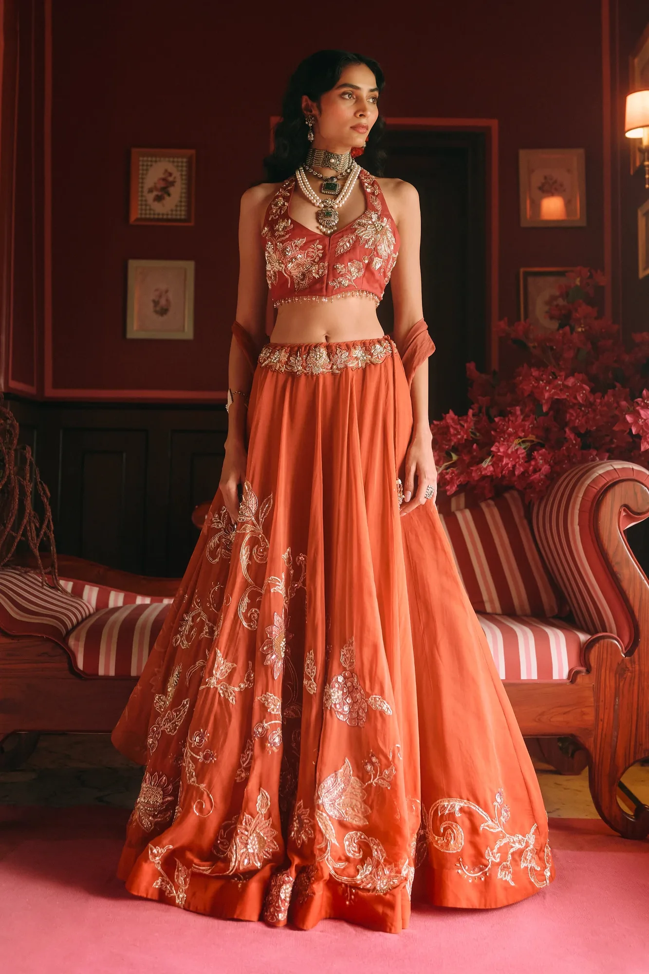 Dreamlet Lehenga Set by Paulmi And Harsh in rust