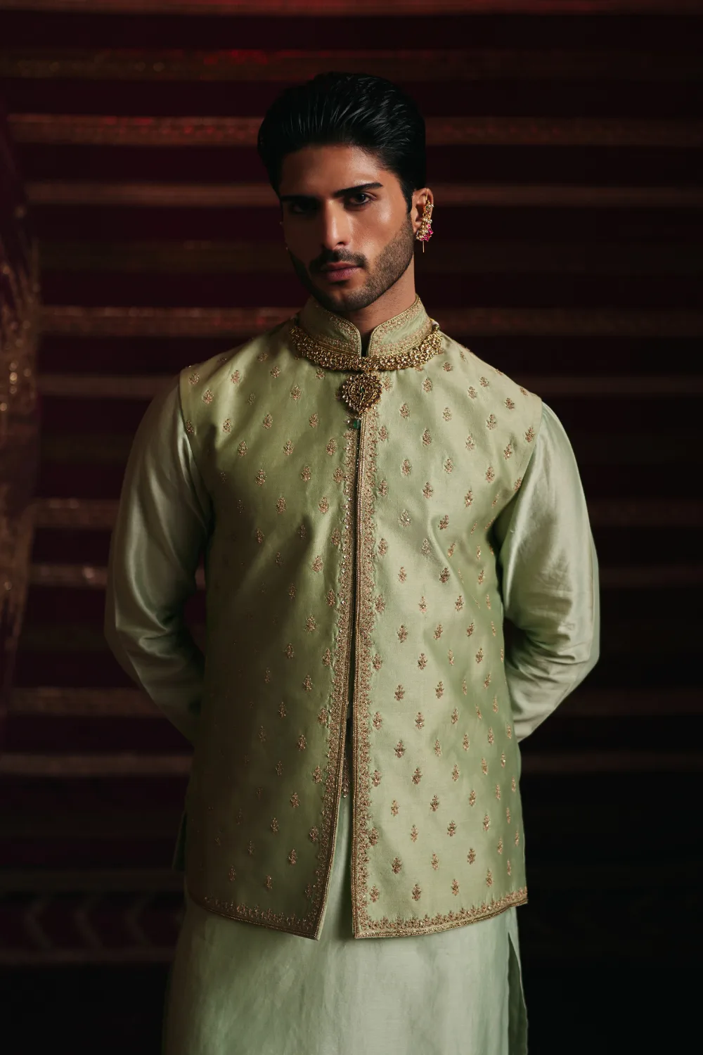 Arnav Jacket Set by Jigar Mali in sage green, view 2