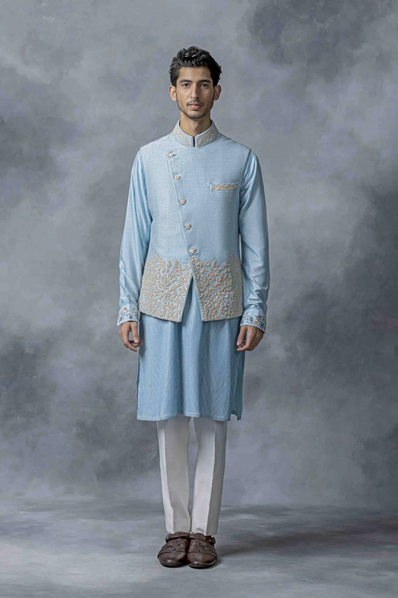 Sky Blue Angrakha Cut Waistcoat Set by Sarab Khanijou