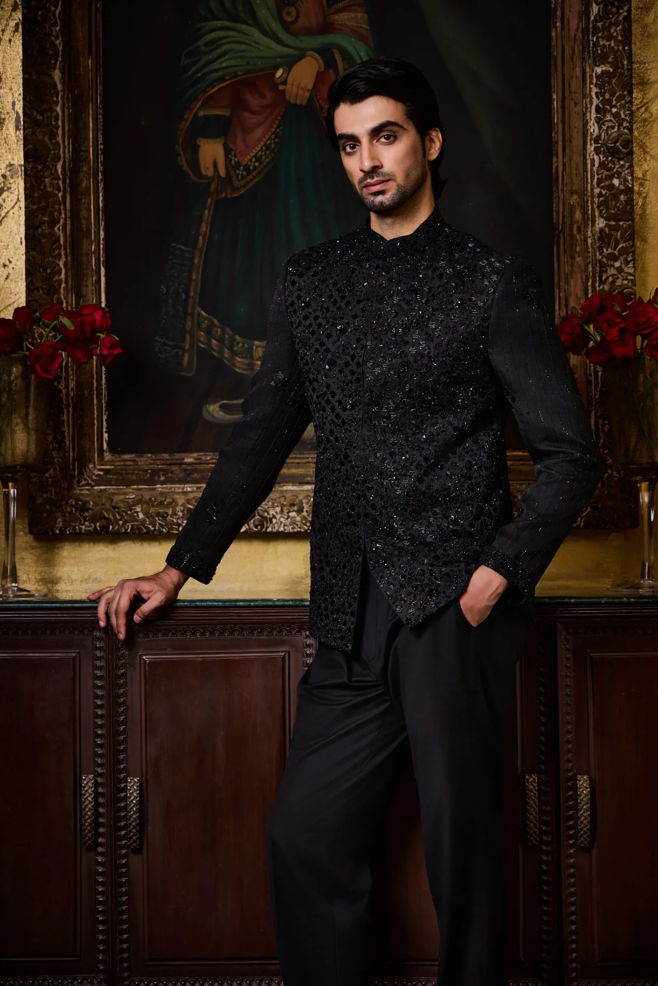 Black Jodhpuri Suit Floral Embroidery Set by Nitika Gujral