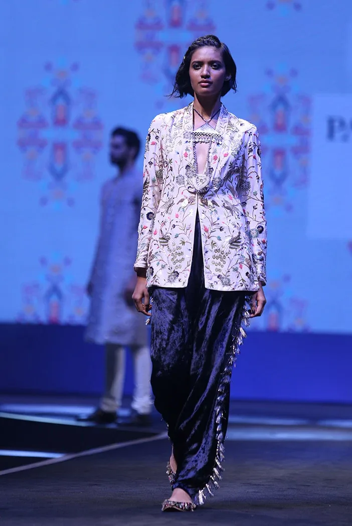 Atilla Stone Crepe Jacket with Navy Blue Low Crotch Pant by Payal Singhal