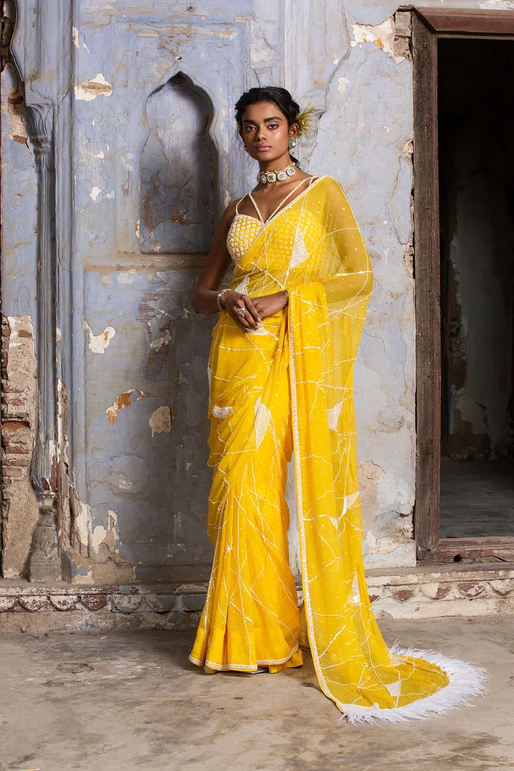 Yellow Chiffon Saree with Organza Blouse by Nitika Gujral