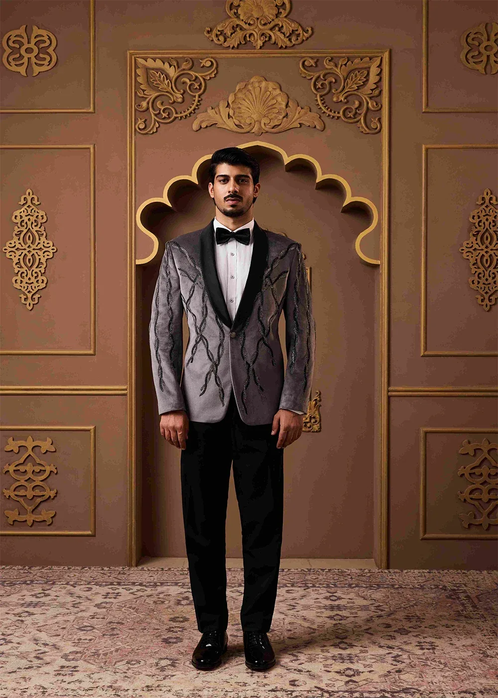 Grey Tuxedo Jacket and Pant by Nitika Gujral