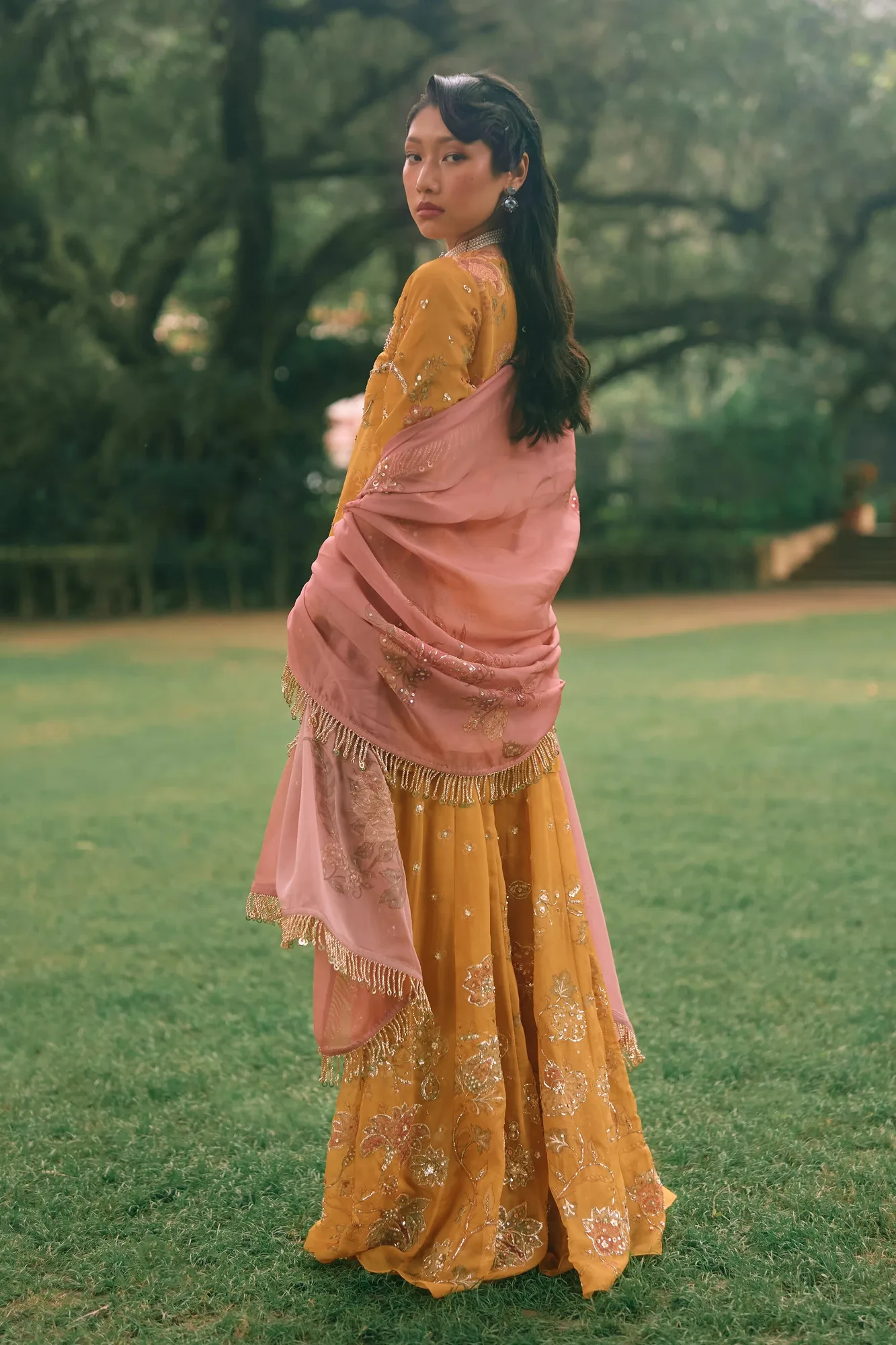 Leonara Kurta Set by Paulmi And Harsh in mustard, view 2