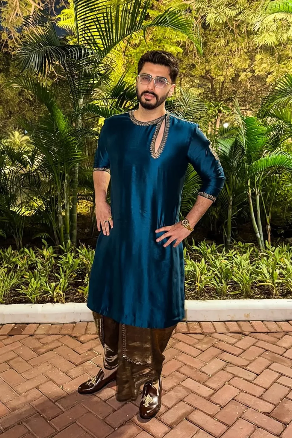 Arjun Kapoor in Teal Blue Chinya Silk Kurta Set by Jigar Mali