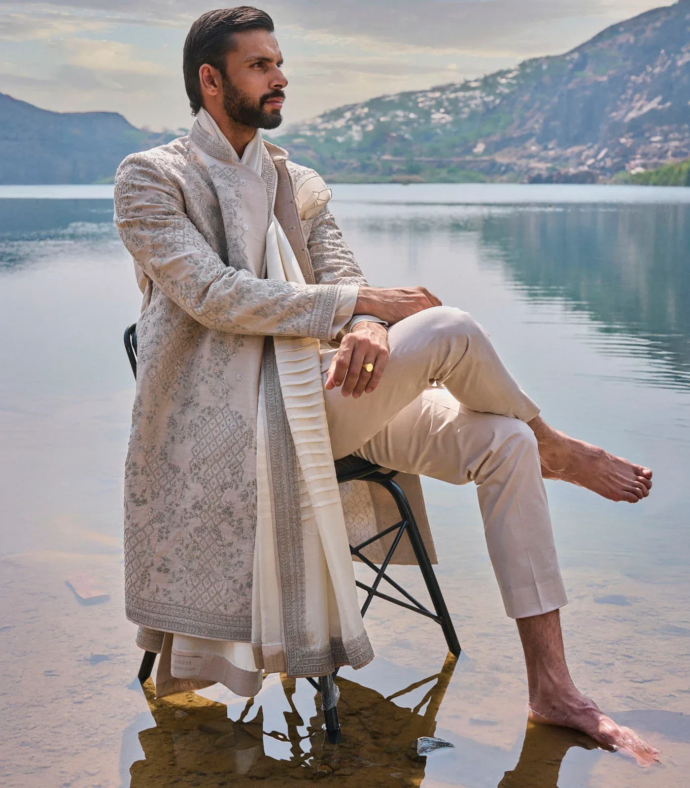Rose Creeper Amber Geometric Sherwani Set by Anushree Reddy