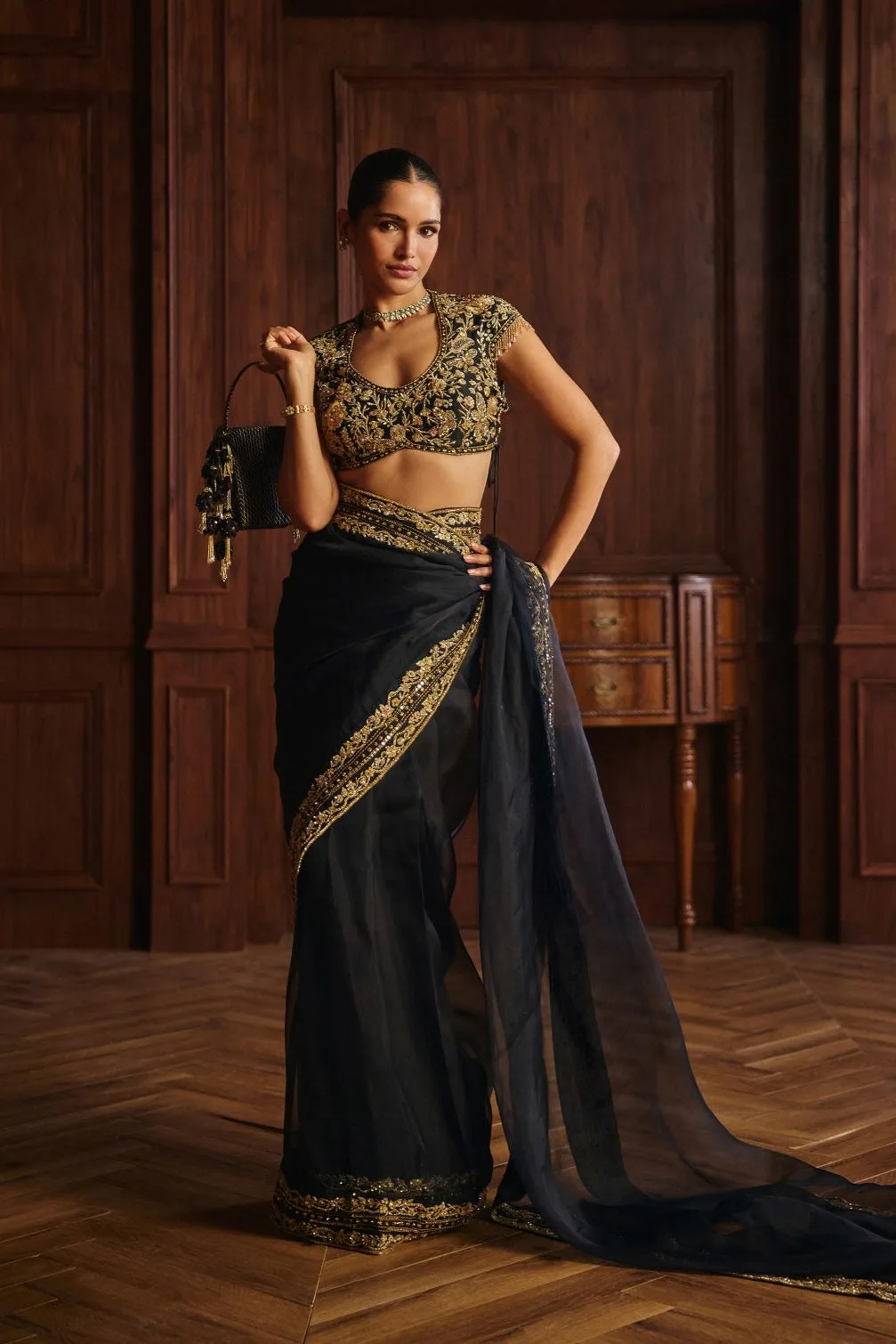 Khwab by Mahima Mahajan, black sari, view 2