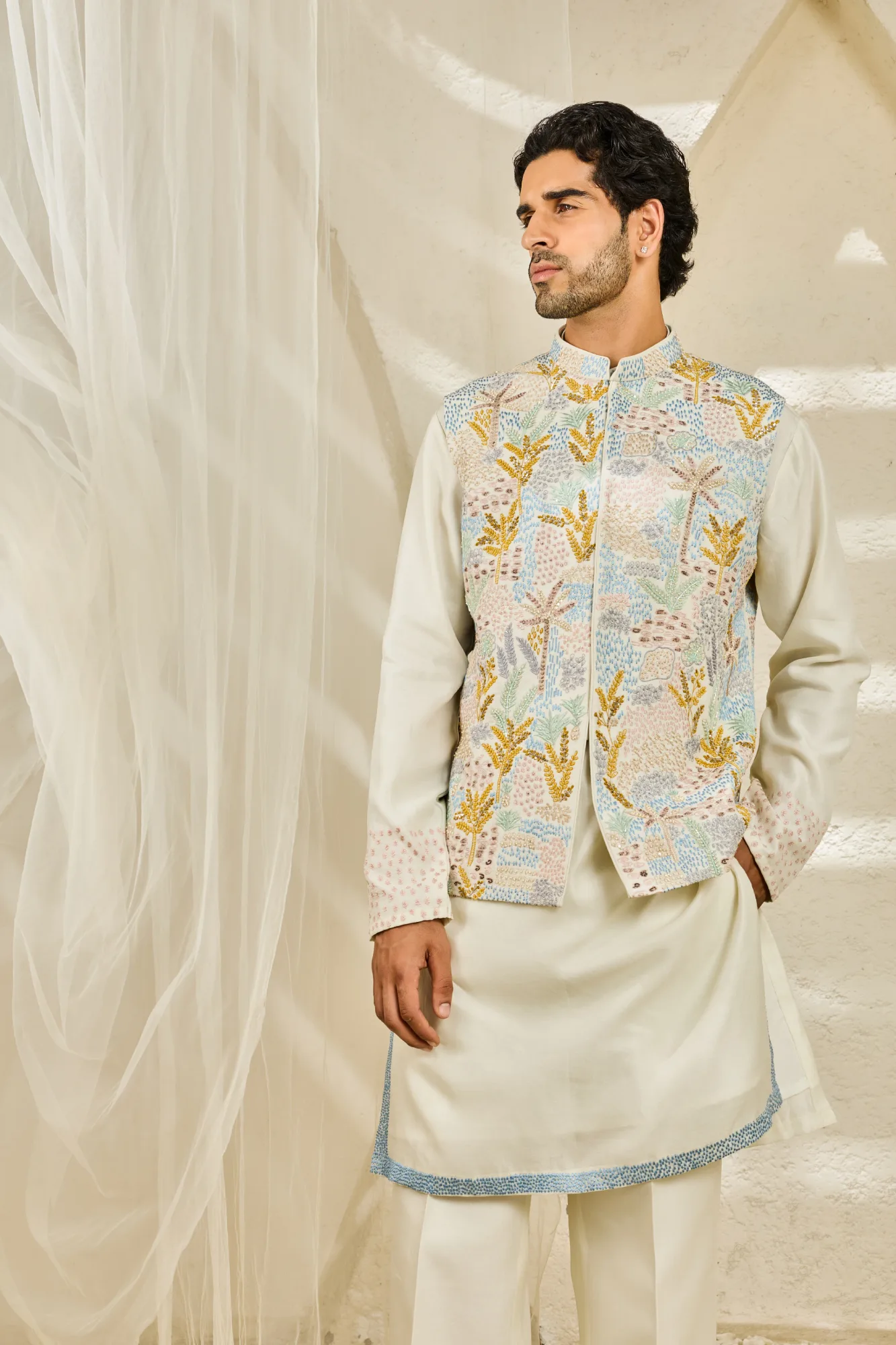 Off-white Serene Garden Waistcoat set by Sarab Khanijou