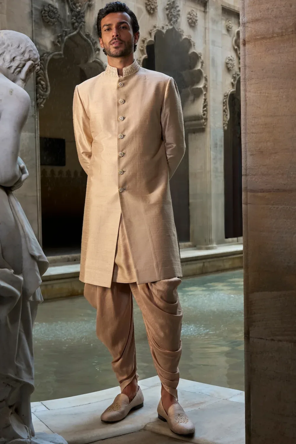 Coffee Gold Sherwani Set by Seema Gujral