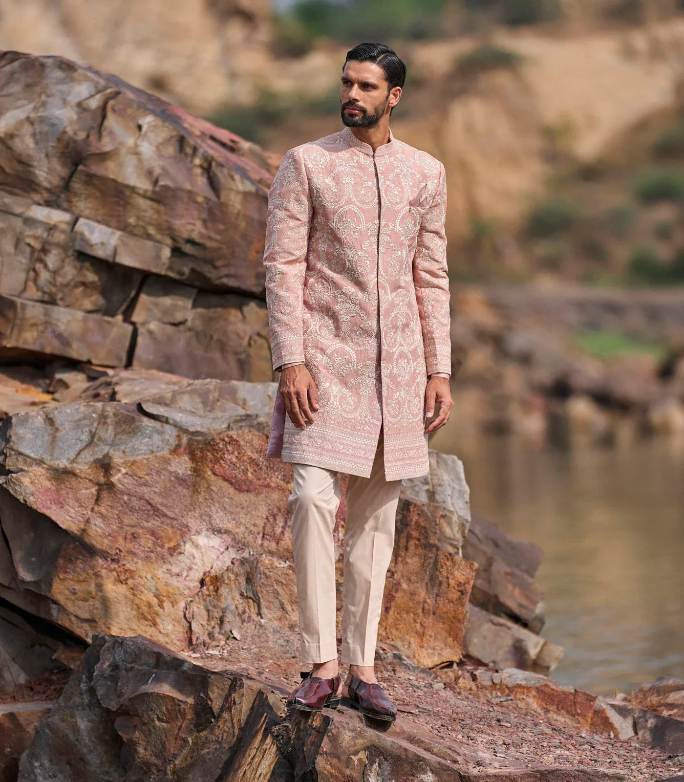 Victorian Thread Embroidery Sherwani Set by Anushree Reddy