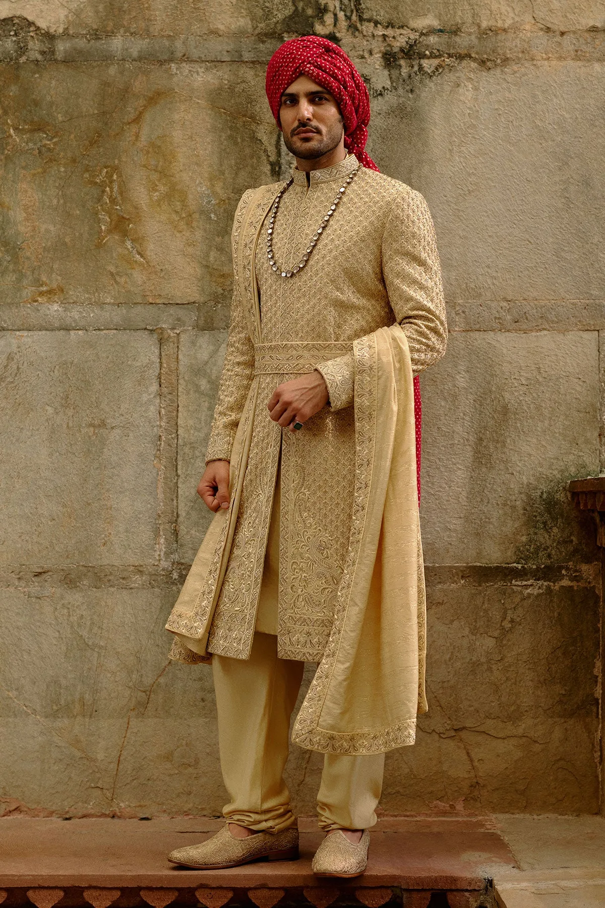 Gold Zardozi Raw Silk Sherwani Set by Nitika Gujral