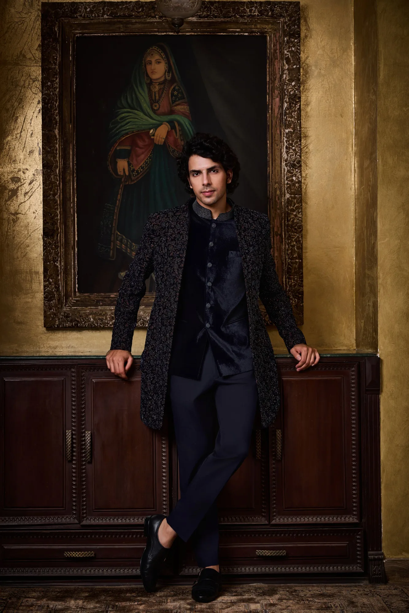 Blue Velvet Open Jacket With Vest Set by Nitika Gujral