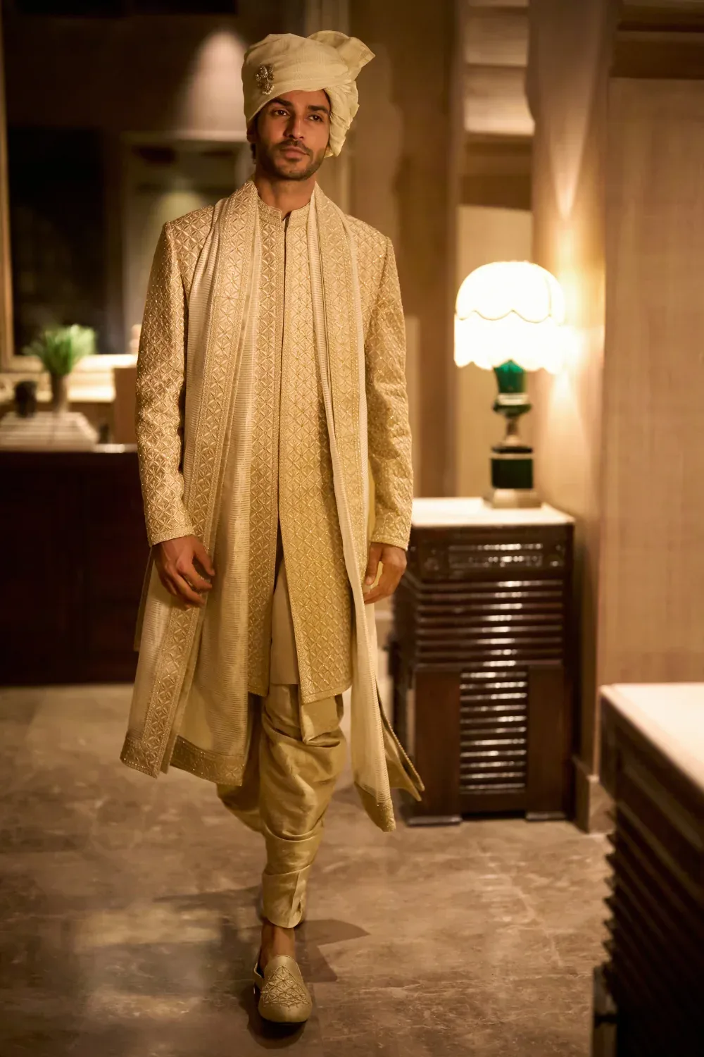 Champagne Gold Sherwani Set by Seema Gujral