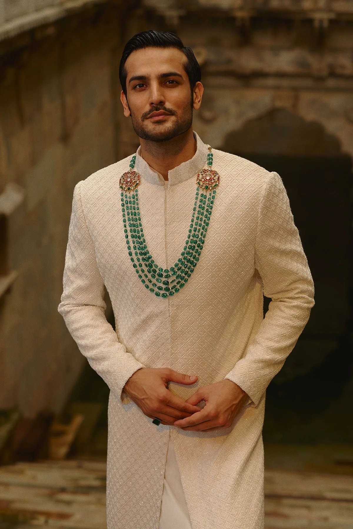 Ivory Geometric Sherwani Set by Nitika Gujral, view 4