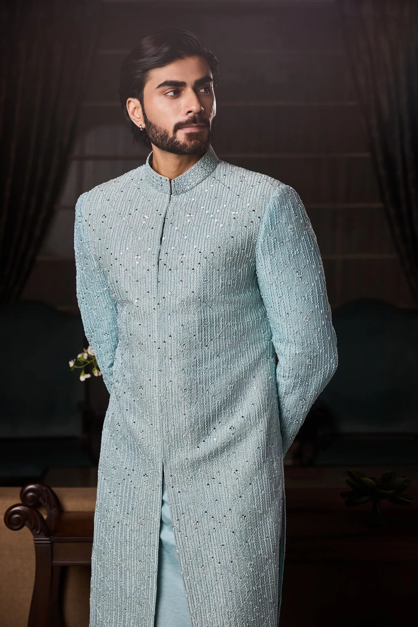 Jade Blue Raw Silk Sherwani Set by Nitika Gujral, view 4