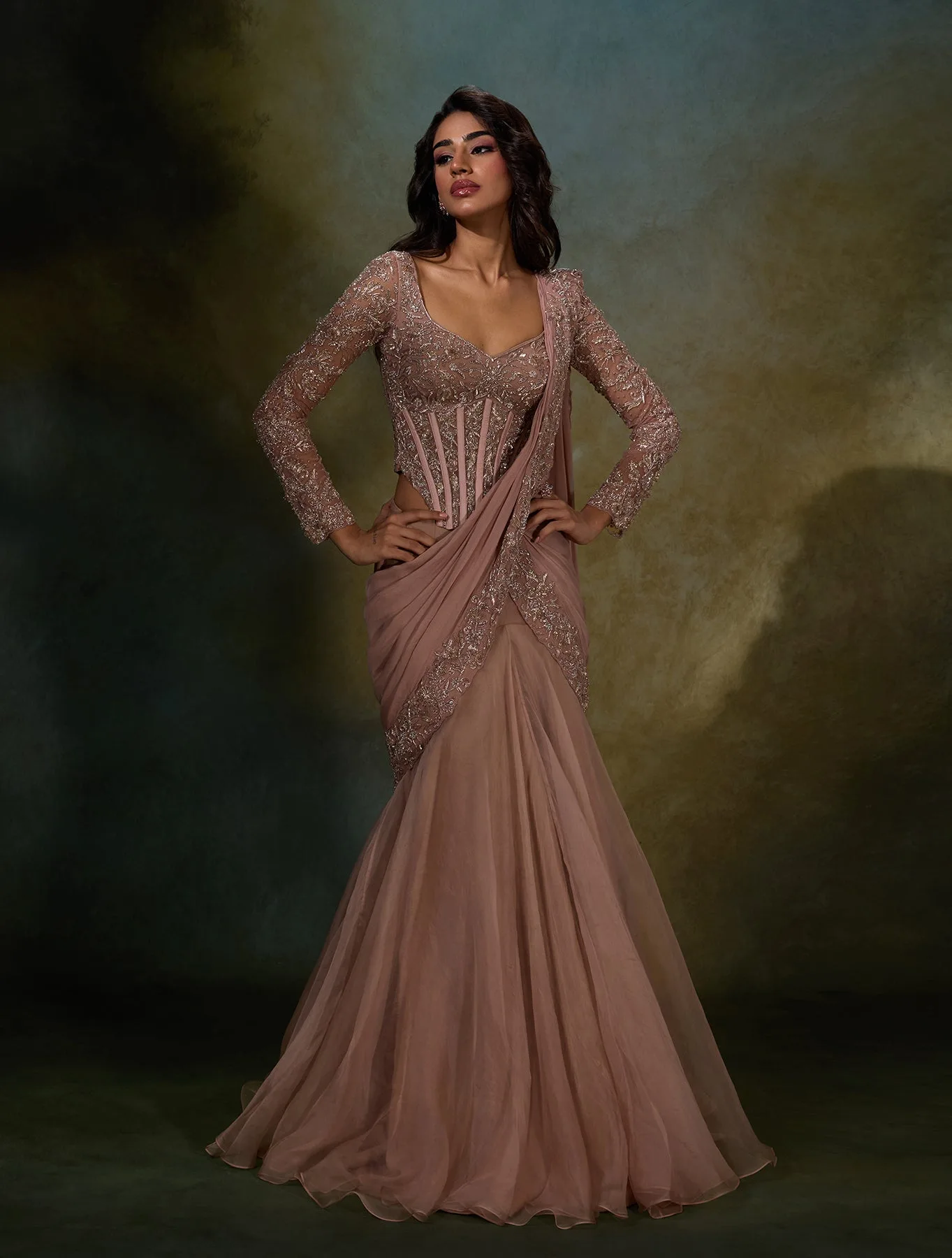 Emilia by Shloka Khialani, champagne lehenga