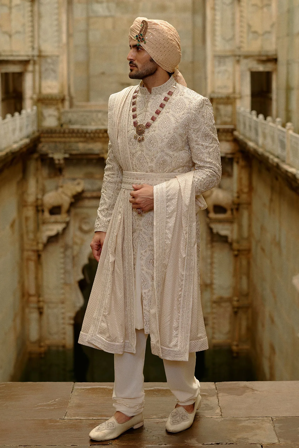 Beige Raw Silk Sherwani Set by Nitika Gujral, view 2